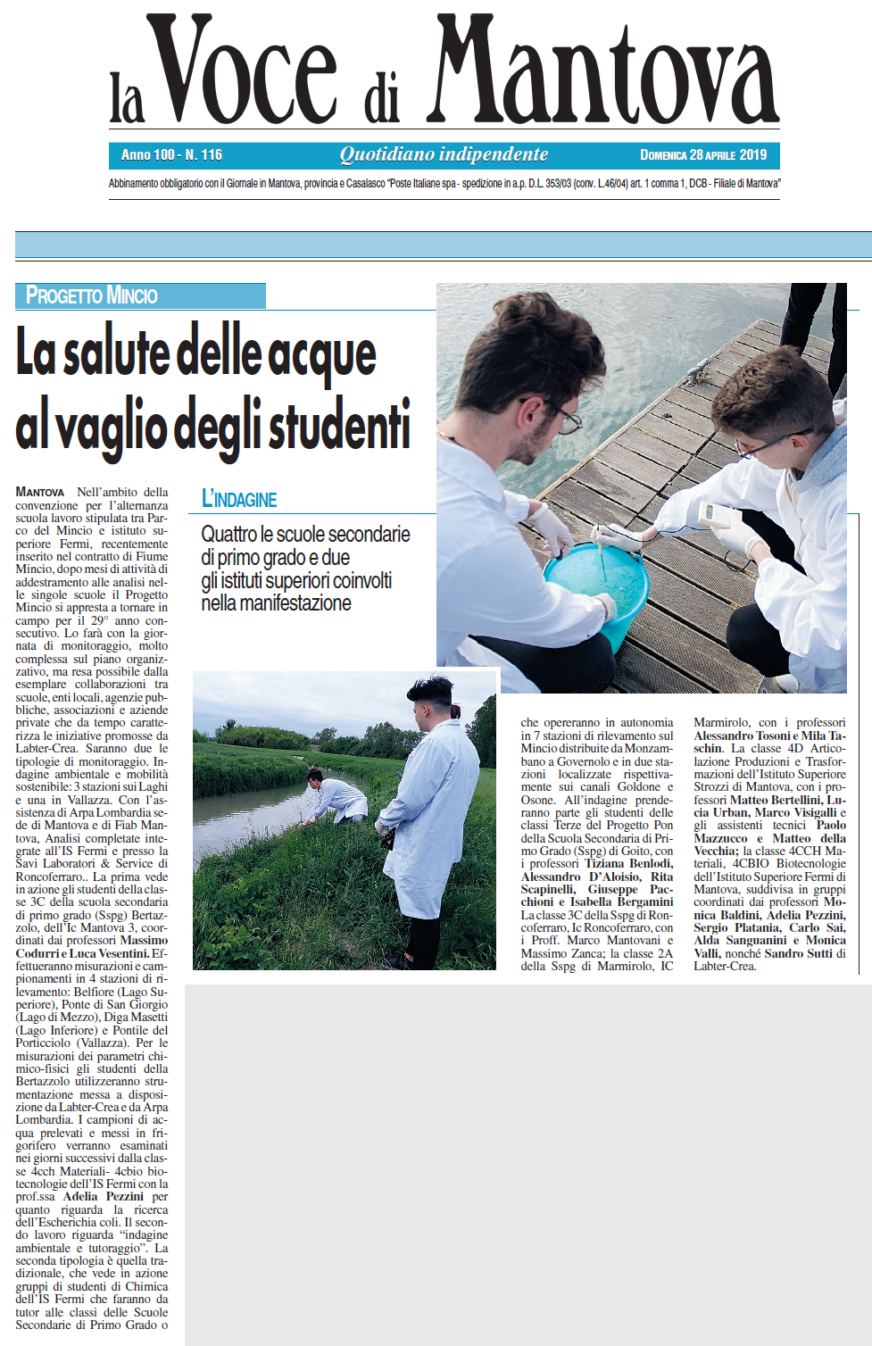 Voce di Mantova del 28-04-2019 La salute delle acque al vaglio degli studenti